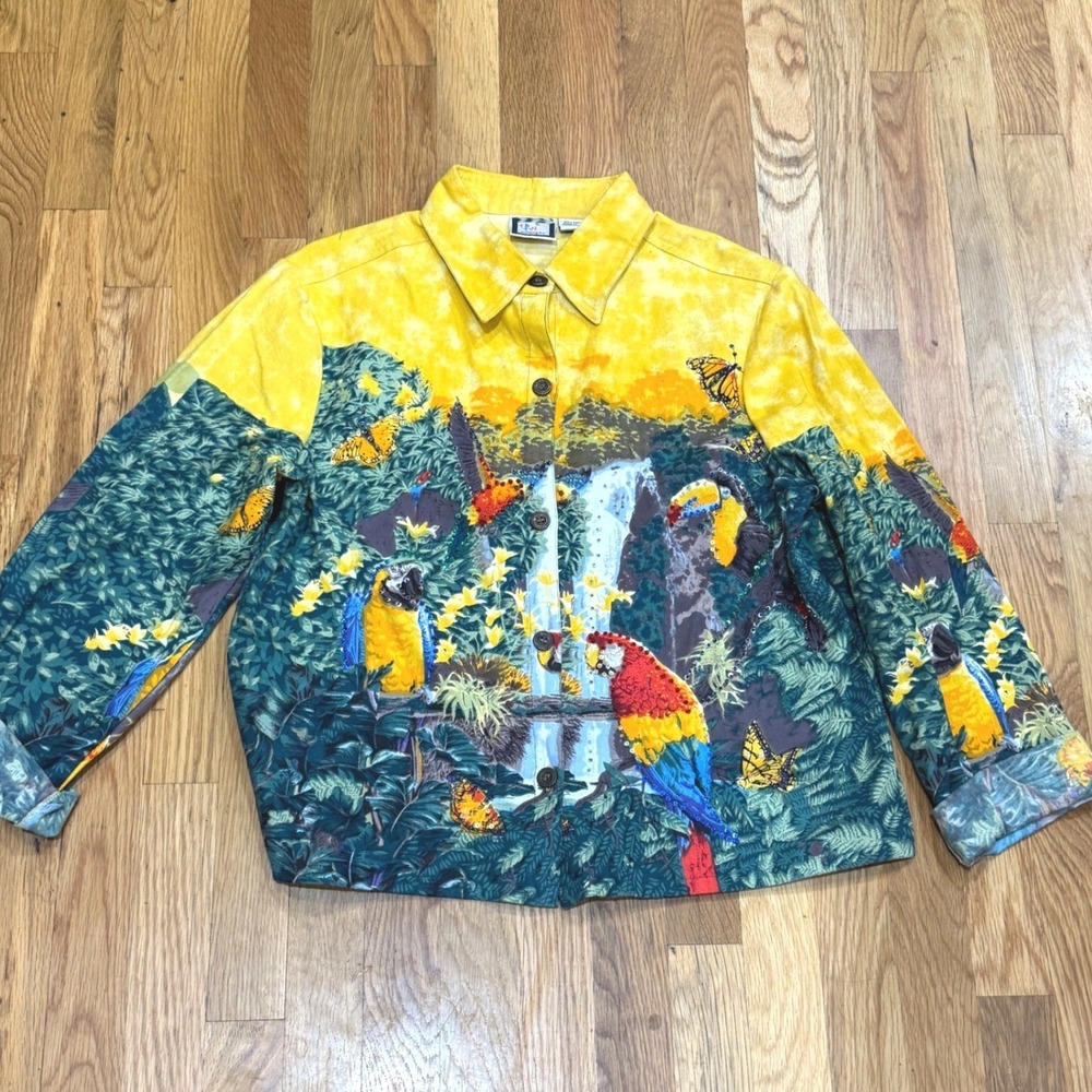 Vintage Take Two Clothing Co Tropical Parrot Toucan Rainforest Jacket  Sz L